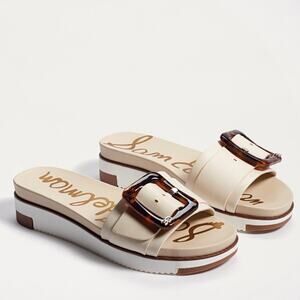 Sam Edelman Ariane Ivory Leather Slide Sandals Neutral Tortoise Buckle Sz 9